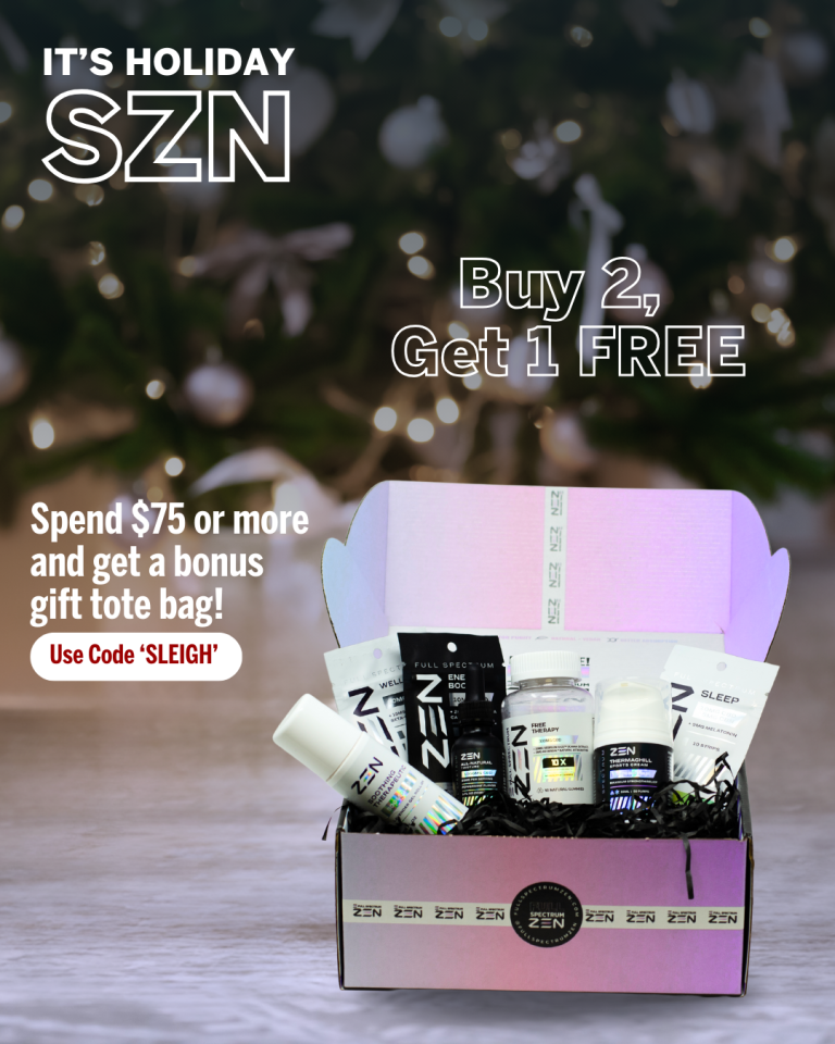 A holiday-themed image featuring a gift box filled with ZEN supplements, with text overlay "IT'S HOLIDAY SZN, Buy 2, Get 1 FREE. Spend $75 or more and get a bonus gift tote bag! Use Code 'SLEIGH'"