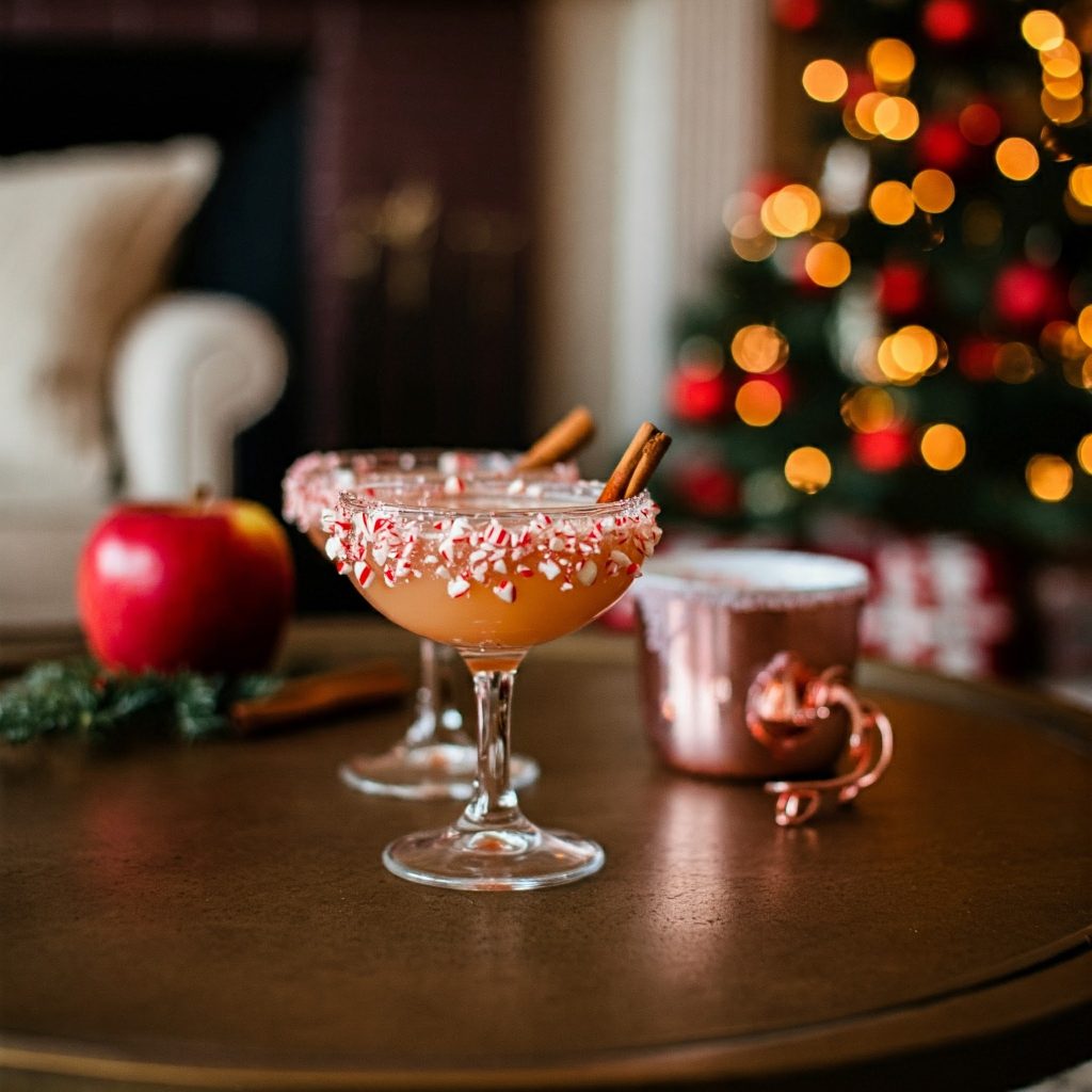 A festive peppermint apple cider sprinkle cocktail in a warmly decorated Christmas living room, with a shallow depth of field.