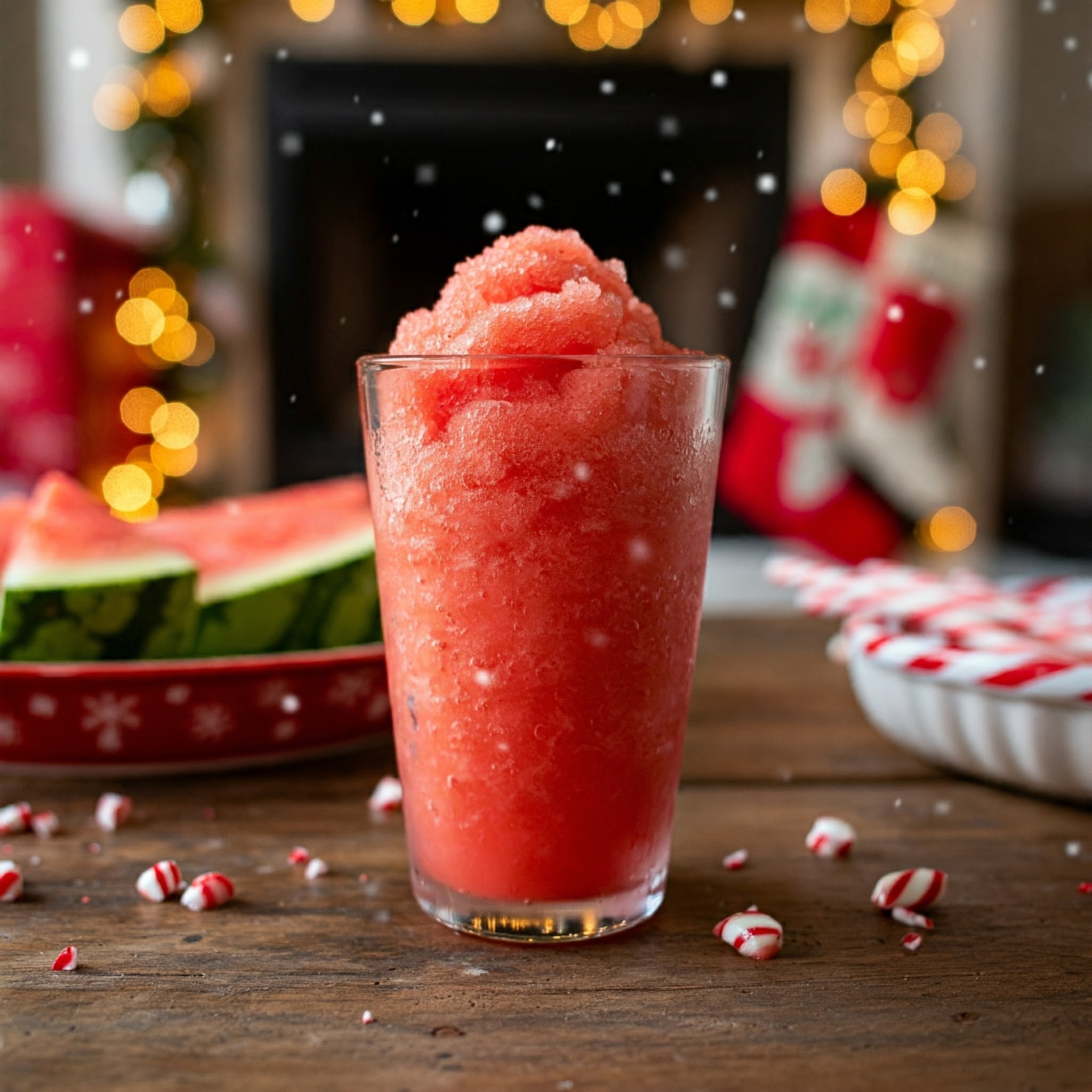 A tall glass filled with a frosty red watermelon slushie sits on a wooden table.  Scattered candy canes and a plate of watermelon slices are next to the glass.  A cozy Christmas scene with a fireplace and stockings is visible in the background.