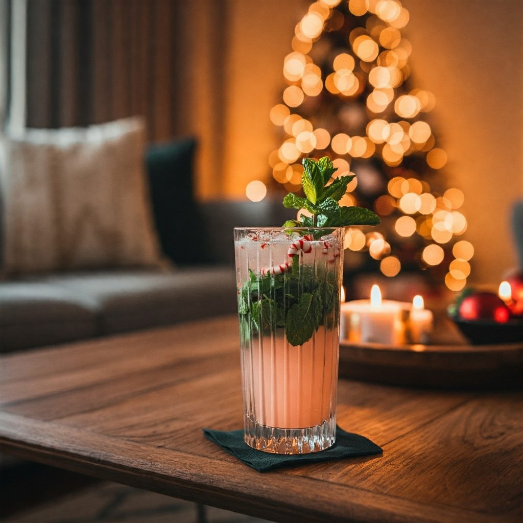 A tall glass of peppermint mojito sits on a coffee table in a festively decorated living room. The drink is garnished with a sprig of mint and a slice of lime, and the room is adorned with Christmas decorations, including a Christmas tree, stockings hung on the fireplace mantel, and twinkling lights.