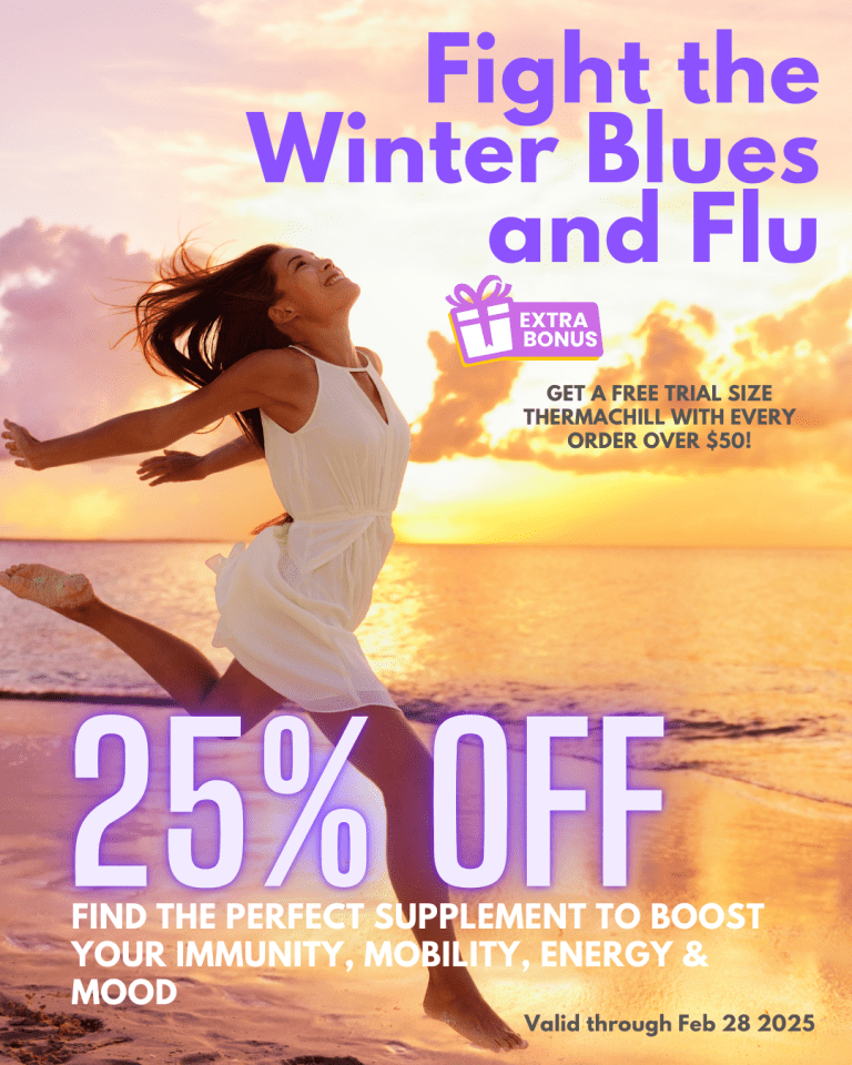 Cheerful woman in a white dress joyfully leaping on a beach at sunset, promoting a 25% off winter wellness supplement sale with a free trial-size ThermaChill bonus on orders over $50. Offer valid through February 28, 2025.