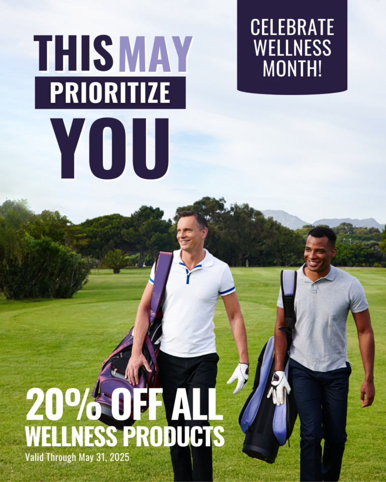 Two men with golf bags on a green course, promoting "20% OFF ALL WELLNESS PRODUCTS" for Wellness Month.